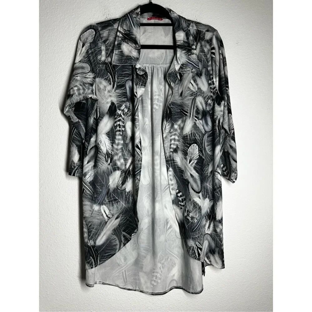 Simply Aster By Firmiana Women’s Collared Cardigan Leaves Print Gray White Sz XL